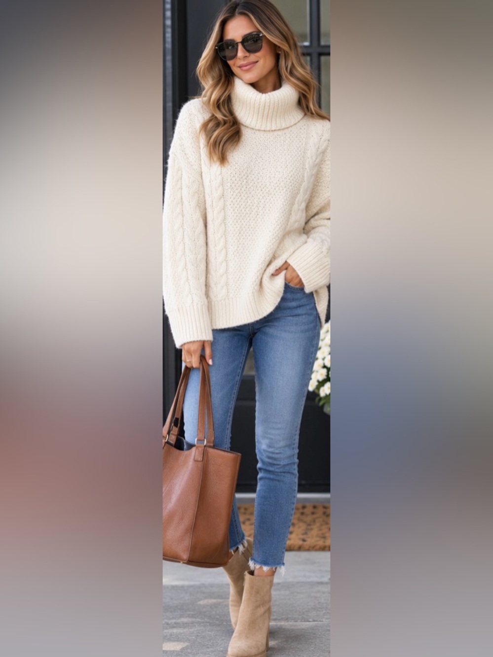 Madewell Cream Cable Knit Turtleneck Sweater